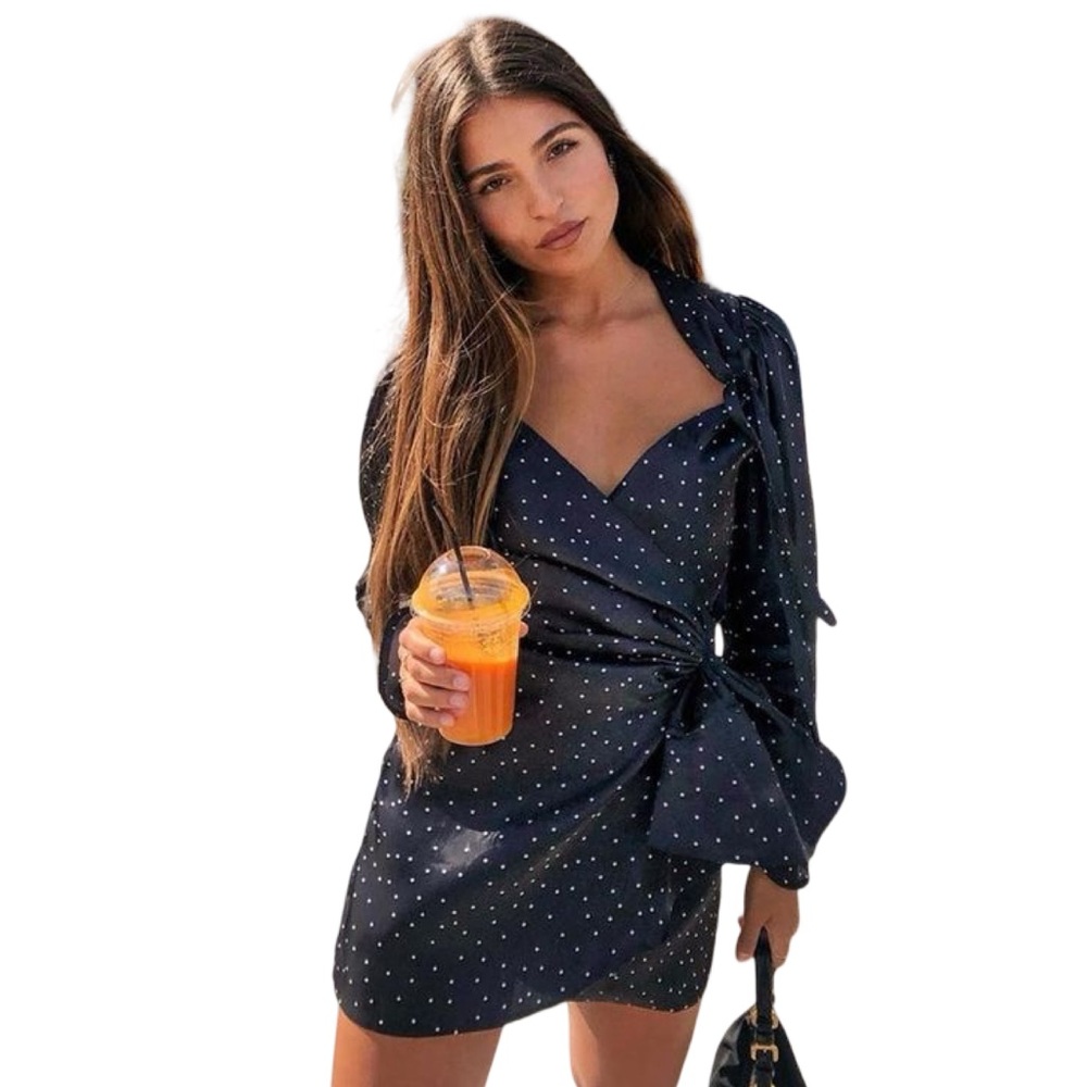 Sofia The Label Black Audrey Puff Sleeve Polka Dot Mini Wrap Dress Satin